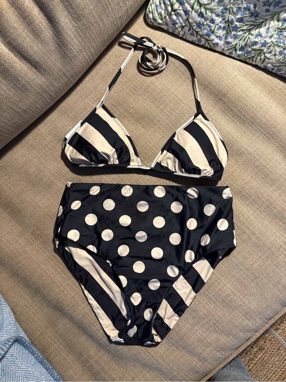 J. Crew Black and Cream Polka Dot & Stripe High-Waist Bikini